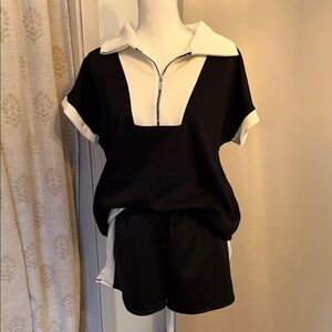 HEIMISH USA Black and White Short Sleeve Top and Drawstring Shorts